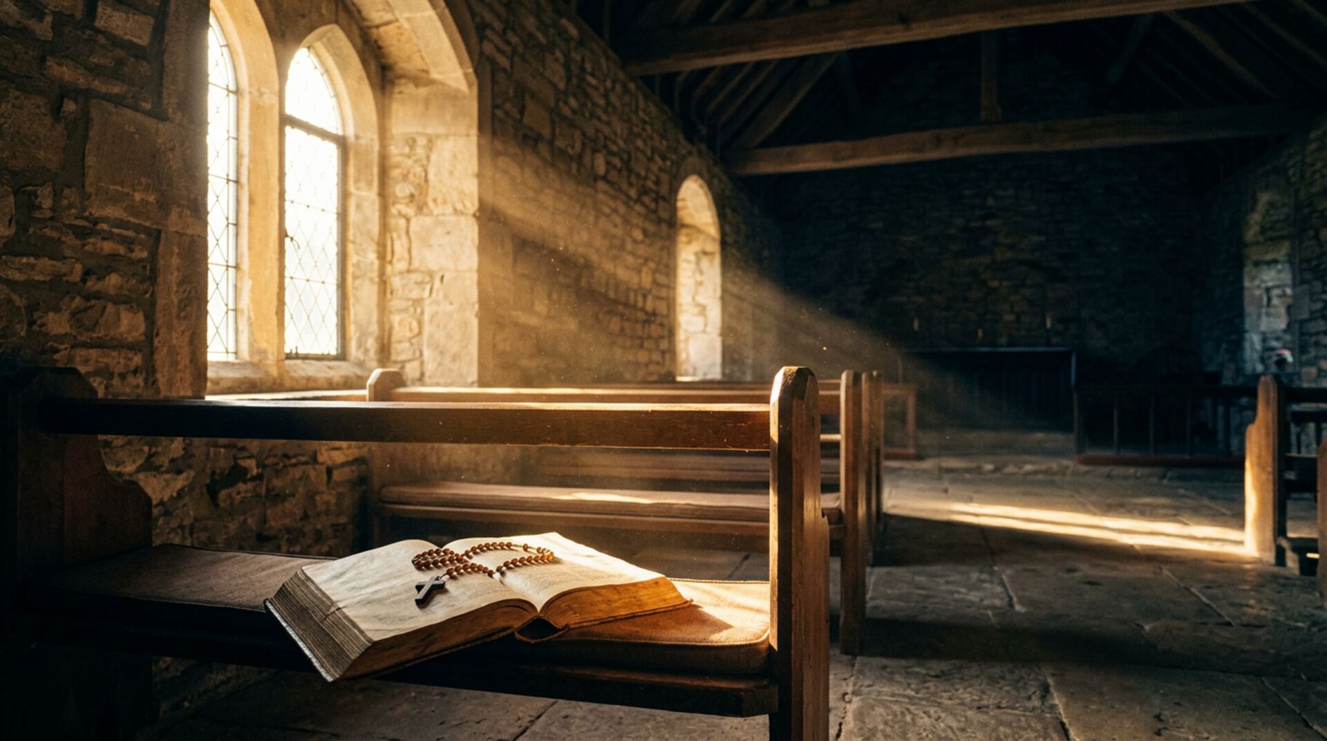 Quiet chapel with a Bible and rosary